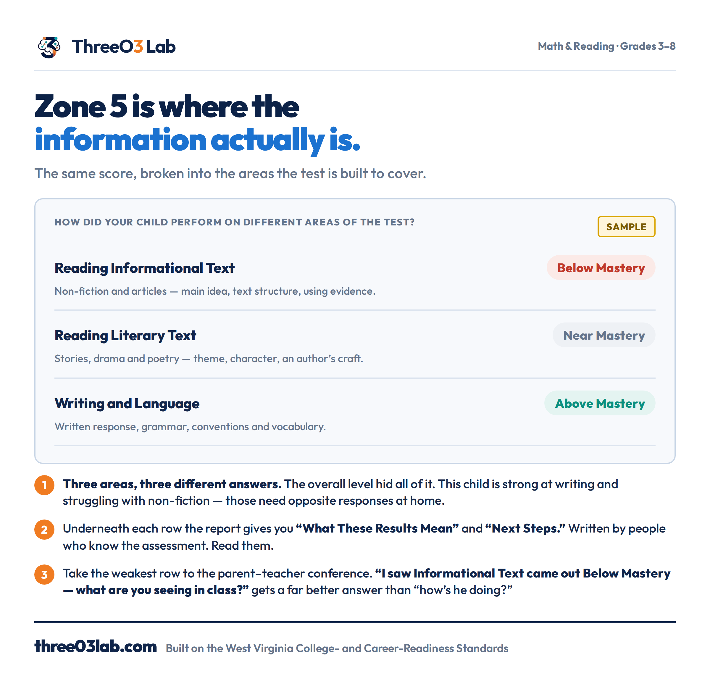A sample reporting category table showing Reading Informational Text at Below Mastery, Reading Literary Text at Near Mastery, and Writing and Language at Above Mastery